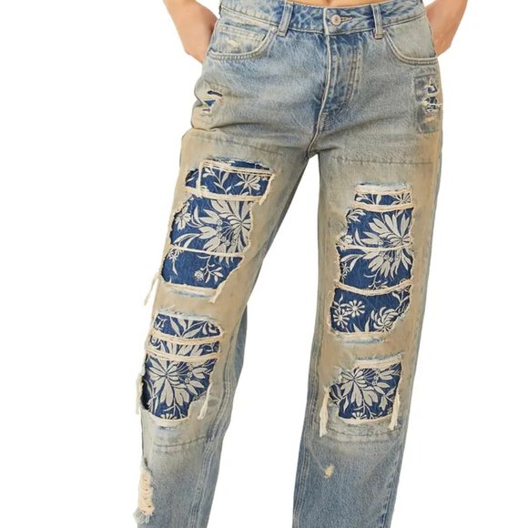 Free People Blue Patterned Straight Leg Jeans - Picture 5 of 12